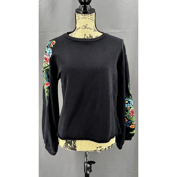 Zara Sweatshirt Women S Multicolor Cotton Embroidered Sleeve Pullover‎ Raw Hem - Picture 1 of 8